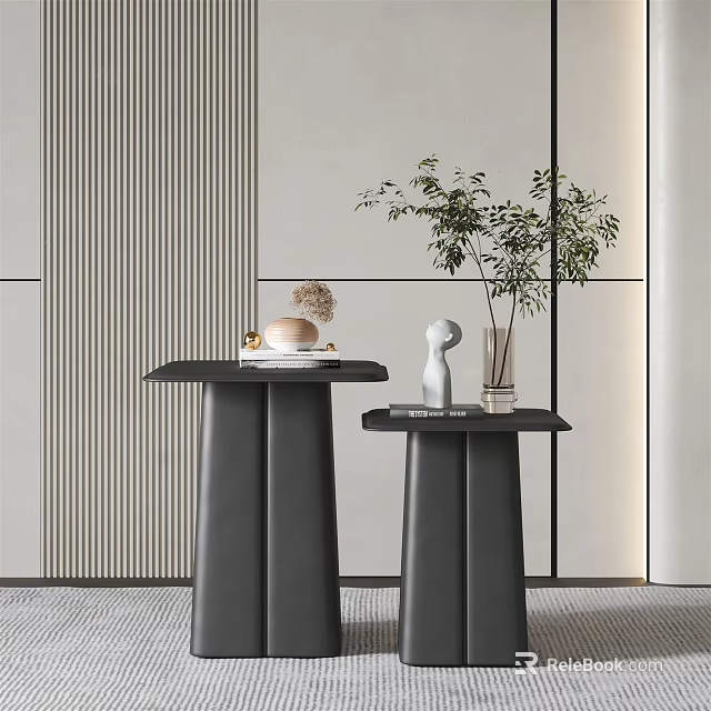 Modern Side Tables With Marble Tops Decorative Items And Potted Plant In Minimalist Interior 3d model 