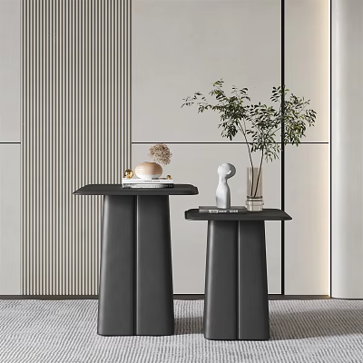 Modern Side Tables With Marble Tops Decorative Items And Potted Plant In Minimalist Interior 3d model