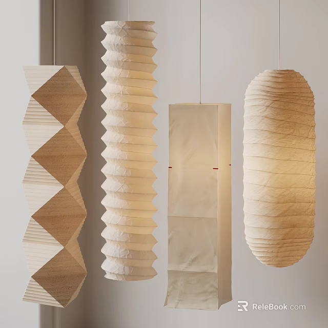 Modern Pendant Lights With Paper And Wooden Geometric Cylindrical Rectangular Designs 3d model
