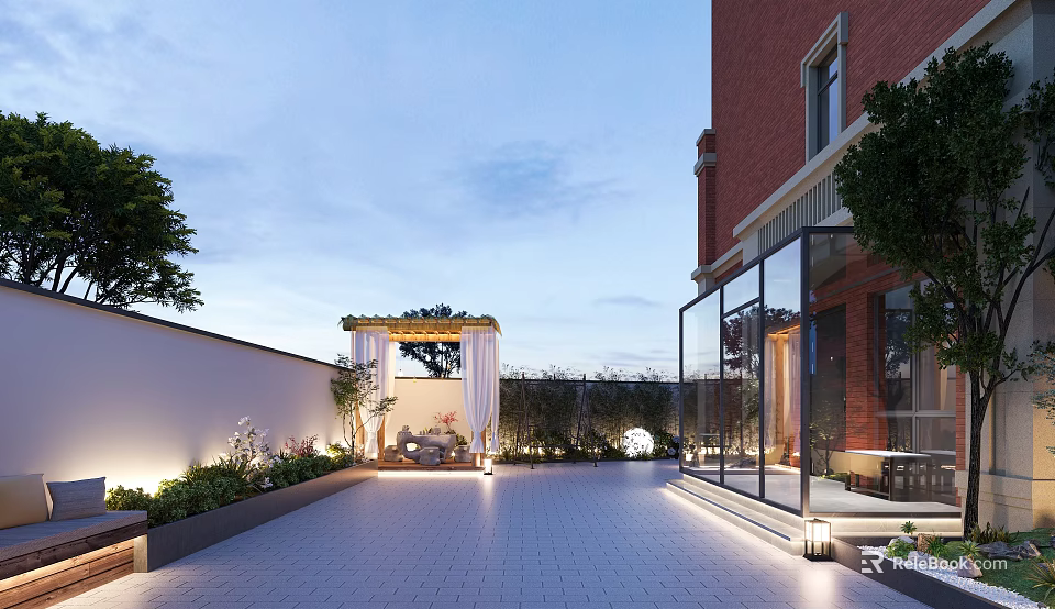 Evening Garden Landscape Design With Red Brick Building Glass Curtain Wall Pergola And Paved Courtyard 3d model 