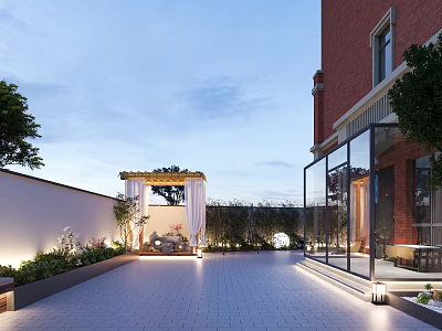 Evening Garden Landscape Design With Red Brick Building Glass Curtain Wall Pergola And Paved Courtyard 3d model
