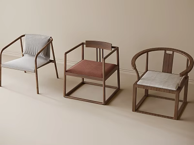 Modern Minimalist Single Chairs With Wooden Frame And Gray Beige Brown Cushions 3d model