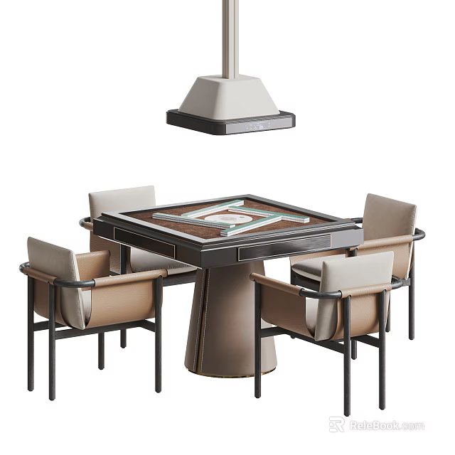 Modern Dining Table And Chair Set With Beige Black Design And Drawers Hanging Lamp 3d model 