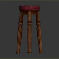 Wooden Furniture Stool With Red Plaid Seat And Carved Decorative Legs Design