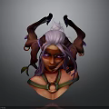 Woman with Purple Hair Red Skin and Horns Wearing Ornate Necklace and Wing Decorations