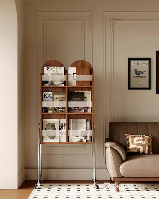 Wooden Bookshelf With Books And Decor Items Near Brown Sofa In Beige Wall Interior Design 3d model 