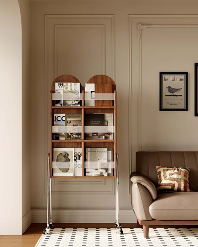 Wooden Bookshelf With Books And Decor Items Near Brown Sofa In Beige Wall Interior Design 3d model