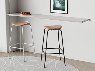 Modern Bar Stools With Metal Legs And Brown Seats In Interior With Counter 3d model