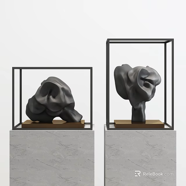 Modern Abstract Ornamental Decor Set With Black Frames And Gray Bases 3d model 