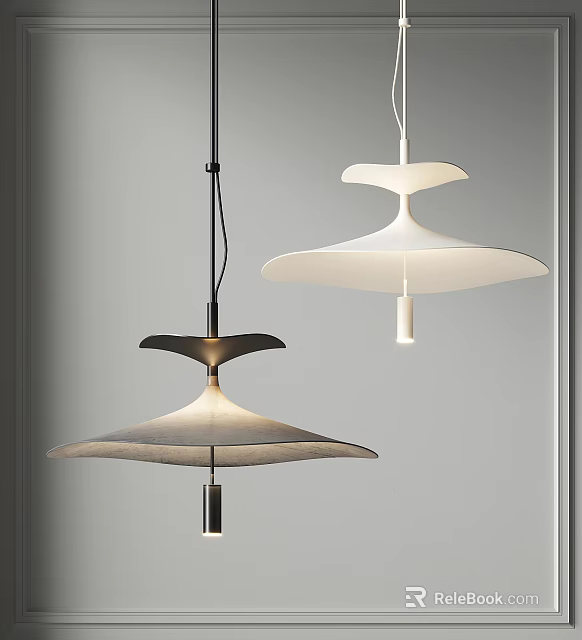 Two Modern Dark And Light UFO Shaped Pendant Lights Hanging In Minimalist Space 3d model 