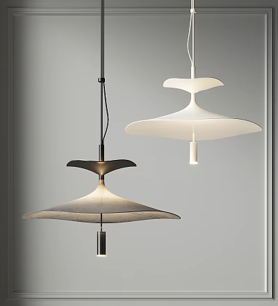 Two Modern Dark And Light UFO Shaped Pendant Lights Hanging In Minimalist Space 3d model