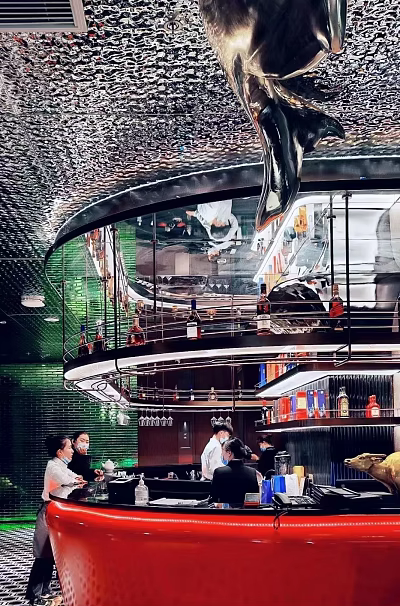 Stylish Restaurant Interior With Mirrored Ceiling Bar Counter And Multi Level Seating 3d model