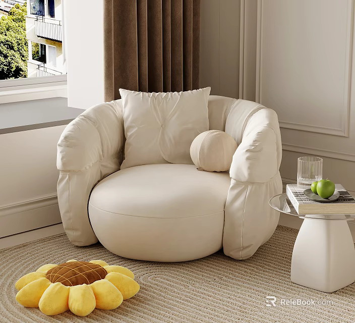 Beige Armchair With Pillow Small Side Table Apple And Sunflower Rug Near Window 3d model 