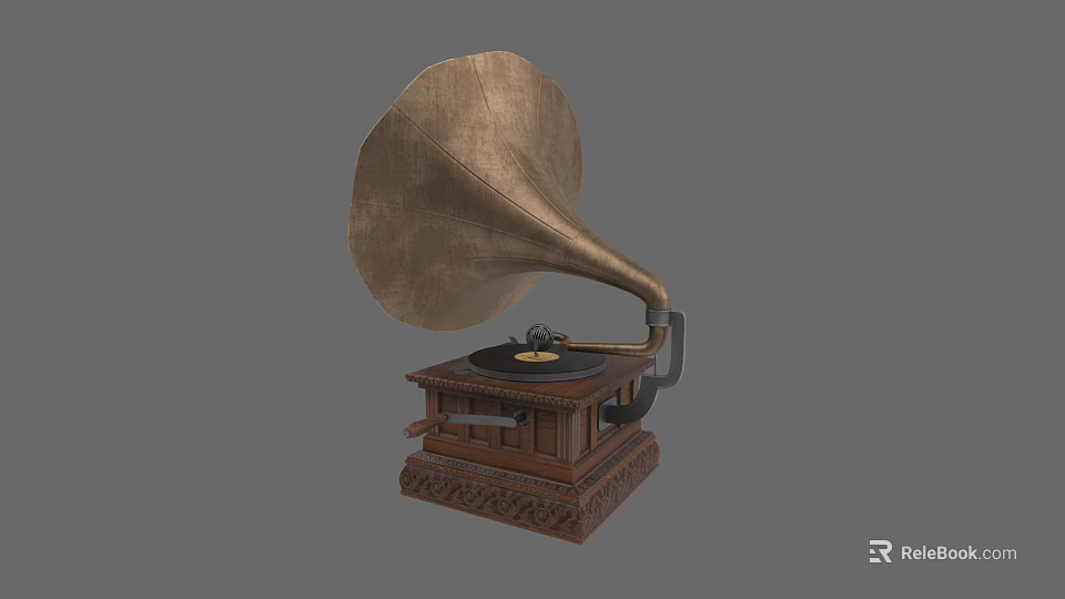 Vintage Gramophone Sculpture With Brass Horn And Carved Wooden Base 3d model 