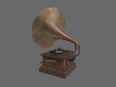 Vintage Gramophone Sculpture With Brass Horn And Carved Wooden Base 3d model