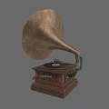 Vintage Gramophone Sculpture With Brass Horn And Carved Wooden Base