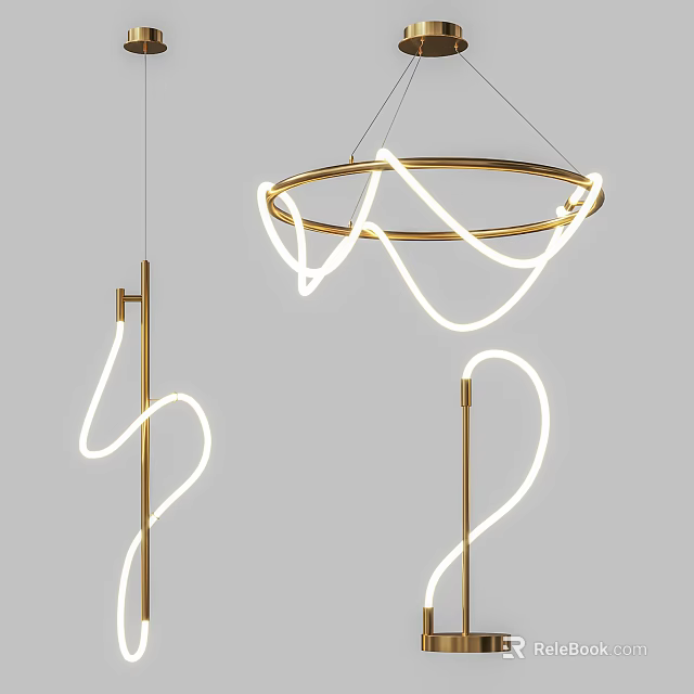 Modern Hanging Chandelier With Golden Frame And Curved White Light Design 3d model 