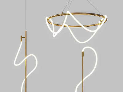 Modern Hanging Chandelier With Golden Frame And Curved White Light Design 3d model