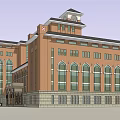 Classical Red Brick Multi Story Building With Large Glass Windows Main Entrance And People Walking