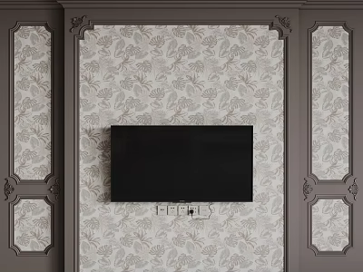 Elegant TV Background Wall with Floral Patterned Wallpaper and Dark Decorative Trim 3d model