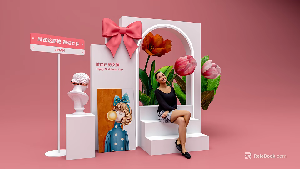 Instagrammable Photo Spot With White Arch Pink Bow Tulips Steps And Woman On Pink Background 3d model 