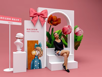 Instagrammable Photo Spot With White Arch Pink Bow Tulips Steps And Woman On Pink Background 3d model