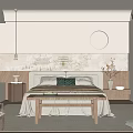 Modern Minimalist Bedroom Interior With Bed Nightstand Pendant Light And Decorative Painting