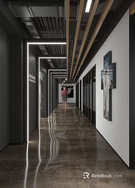 Modern Office Corridor Interior Design With Polished Flooring And Wall Artworks 3d model 