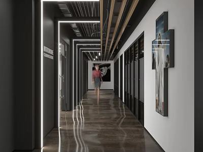 Modern Office Corridor Interior Design With Polished Flooring And Wall Artworks 3d model