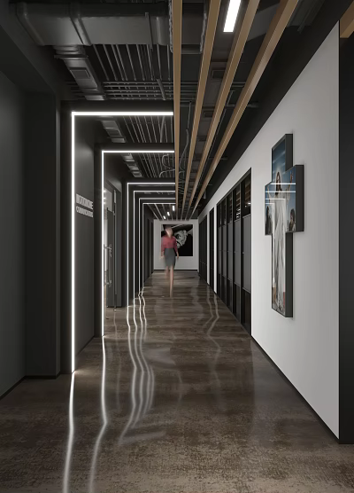 Modern Office Corridor Interior Design With Polished Flooring And Wall Artworks 3d model