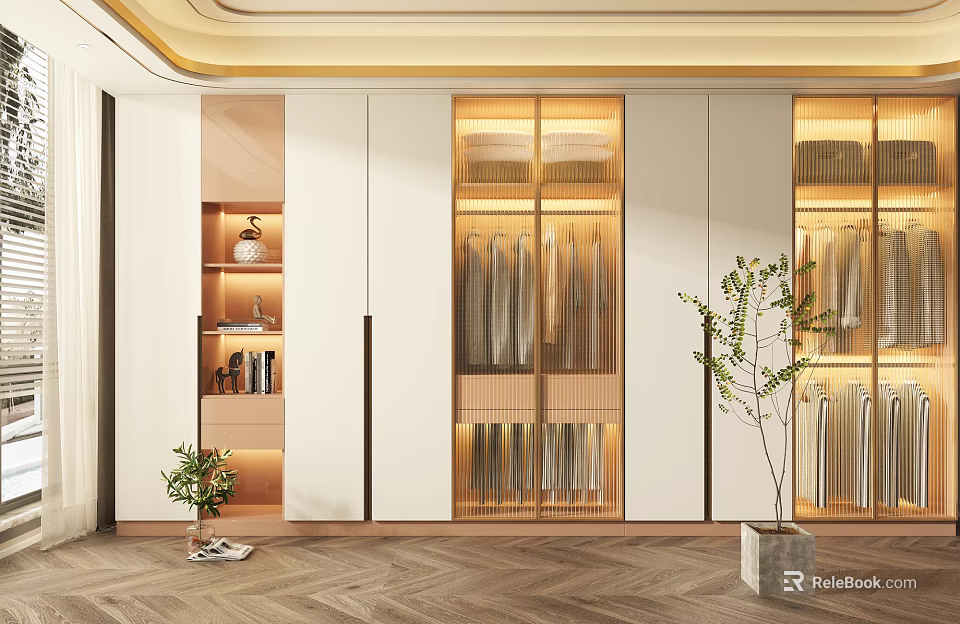 Elegant Modern Wardrobe Interior Design With Glass Doors Built-in Lighting And Green Plants 3d model 