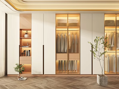 Elegant Modern Wardrobe Interior Design With Glass Doors Built-in Lighting And Green Plants 3d model