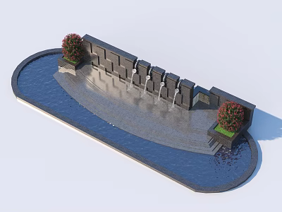 Modern Garden Ornament With Curved Water Pool Stone Wall Fountains And Green Bushes 3d model