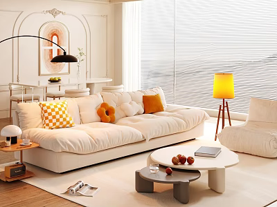 Modern Living and Dining Room with White Sofa Pillows Round Coffee Table and Dining Table 3d model