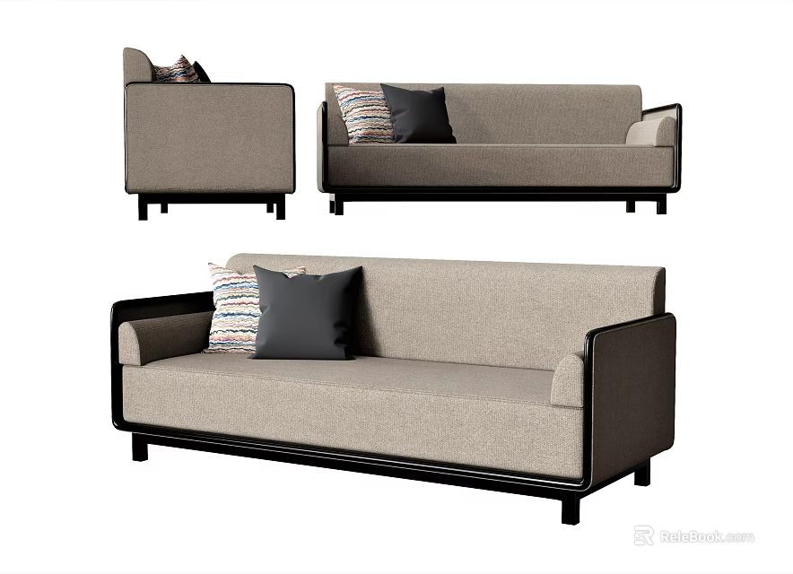 Two Piece Modern Light Gray Sofa Set With Black Frame And Striped Decorative Pillows 3d model