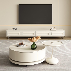 Cream living room coffee table TV cabinet background wall 3d model