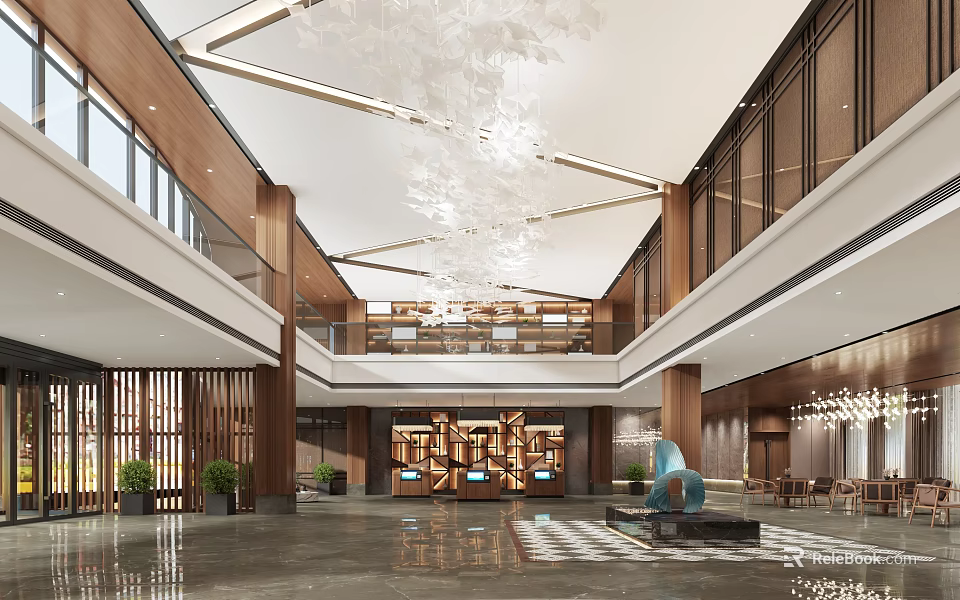 Luxury Modern Hotel Lobby Interior With High Ceiling Grand Chandelier Wooden Elements And Marble Flooring 3d model 