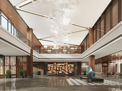 Luxury Modern Hotel Lobby Interior With High Ceiling Grand Chandelier Wooden Elements And Marble Flooring 3d model