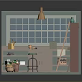 Cartoon Cozy Workshop Scene With Window Pendant Lights Wooden Ladder Shelves And Potted Plants