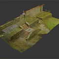 Outdoor Stairs With Red Steps Stone Walls And Green Grass Surroundings