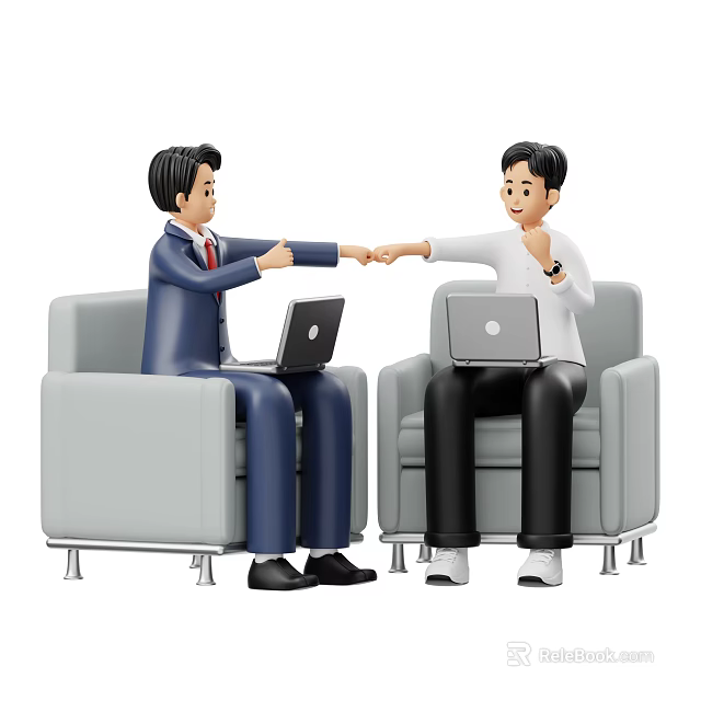 Two Business Men Shaking Hands While Sitting On Chairs With Laptops 3d model 