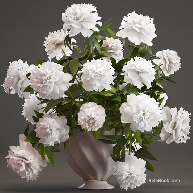 Beautiful White Peonies Arranged in Elegant Vase with Fresh Green Leaves 3d model 