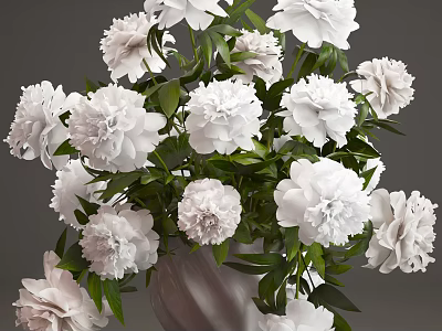 Beautiful White Peonies Arranged in Elegant Vase with Fresh Green Leaves 3d model