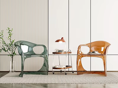 Modern Transparent Chair And Side Table Set With Green Orange Accents Table Lamp And Plant 3d model