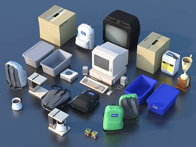 Daily Life Supplies Including Cardboard Boxes Backpacks Computer Storage Bins And More 3d model