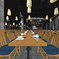 Modern Restaurant Interior With Hanging Pendant Lights Wooden Tables Grid Partition And Brick Wall