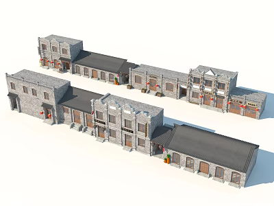 Traditional Commercial Street With Gray Brick Buildings And Black Roofs Featuring Lantern Decorations 3d model