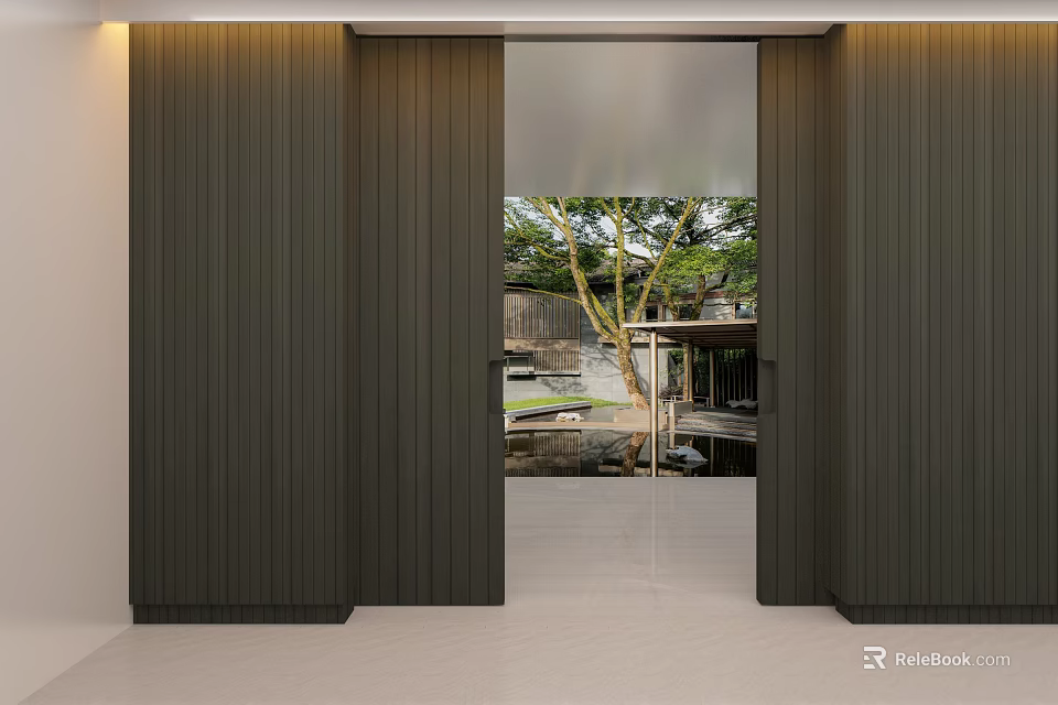 Dark Wood Sliding Door with Vertical Panels Open to Courtyard and Trees 3d model 