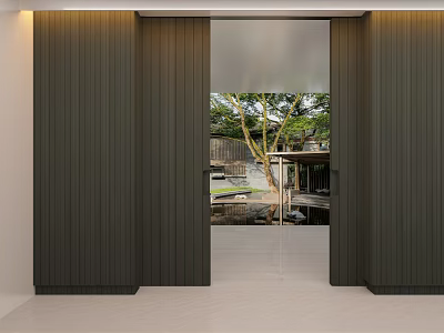 Dark Wood Sliding Door with Vertical Panels Open to Courtyard and Trees 3d model