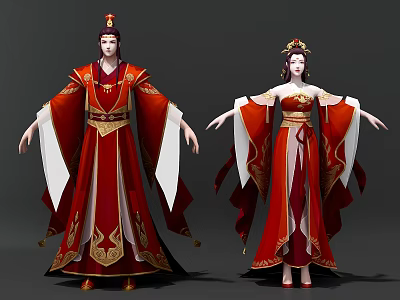 Chinese Ancient Male and Female Living Characters in Red Traditional Costumes with Golden Patterns 3d model
